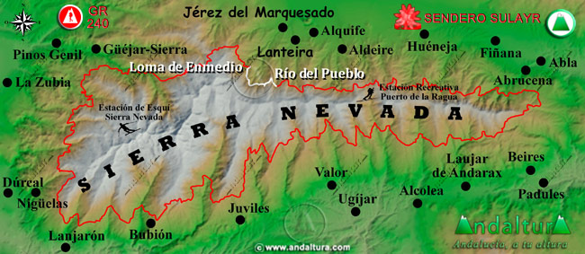Mapa de Sierra Nevada con la situación del Tramo Río del Pueblo - Loma de Enmedio del Gran Recorrido GR 240 Sendero Sulayr