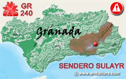 Mapa de Andalucía con la situación del Tramo La Rinconada - Río del Pueblo del Gran Recorrido GR 240 Sendero Sulayr
