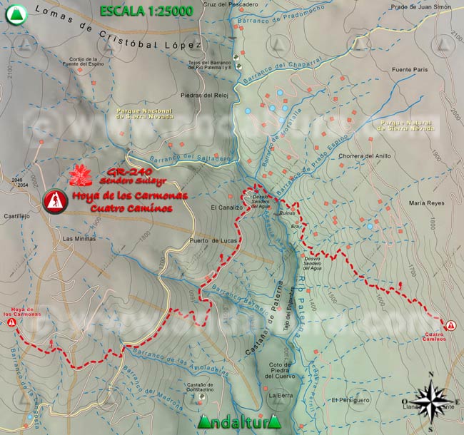 Mapa Topográfico y georefenciado de la Ruta de Senderismo del Gran Recorrido GR 240 Sendero Sulayr por Sierra Nevada, a escala 1:25000 del Tramo Hoya de los Carmonas - Cuatro Caminos