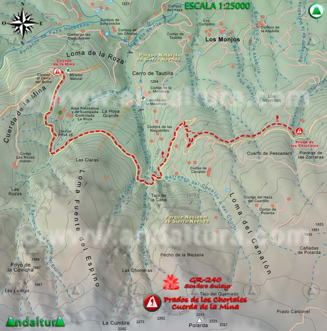 Mapa Topográfico y georefenciado de la Ruta de Senderismo del Gran Recorrido GR 240 Sendero Sulayr por Sierra Nevada, a escala 1:25000 del Tramo Prado de los Chortales - Cuerda de la Mina