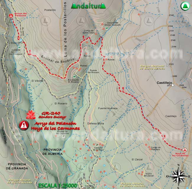 Mapa Topográfico y georefenciado de la Ruta de Senderismo del Gran Recorrido GR 240 Sendero Sulayr por Sierra Nevada, a escala 1:25000 del Tramo Arroyo del Palancón - Hoya de los Carmonas