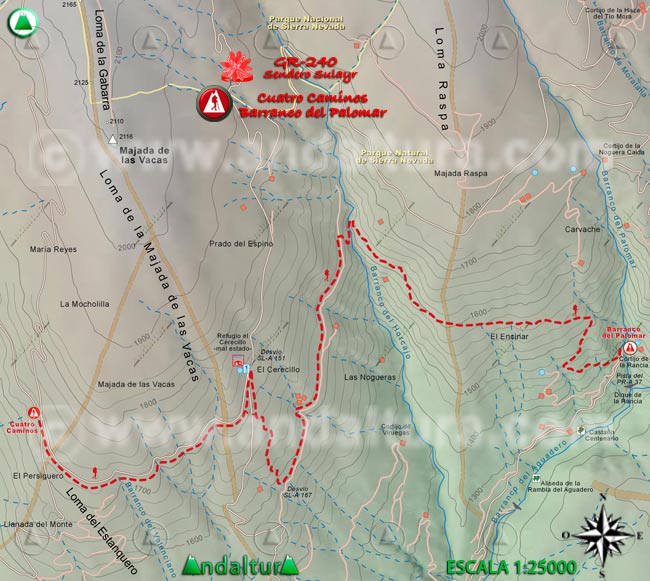 Mapa Topográfico y georefenciado de la Ruta de Senderismo del Gran Recorrido GR 240 Sendero Sulayr por Sierra Nevada, a escala 1:25000 del Tramo Cuatro Caminos - Barranco del Palomar