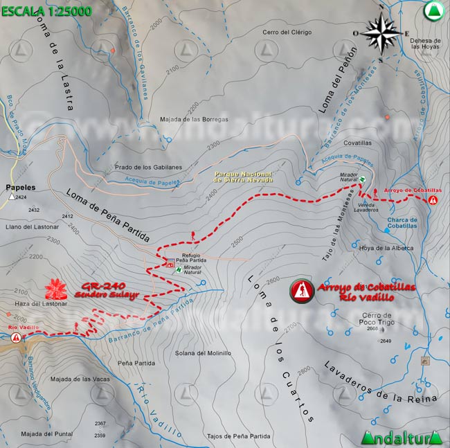 Mapa Topográfico y georefenciado de la Ruta de Senderismo del Gran Recorrido GR 240 Sendero Sulayr por Sierra Nevada, a escala 1:25000 del Tramo Arroyo de Cobatillas - Río Vadillo