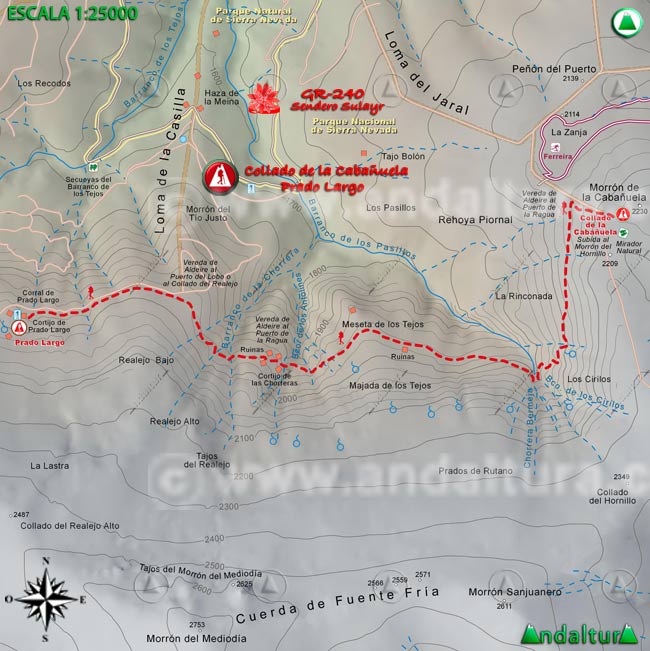 Mapa Topográfico y georefenciado de la Ruta de Senderismo del Gran Recorrido GR 240 Sendero Sulayr por Sierra Nevada, a escala 1:25000 del Tramo Collado de la Cabañuela - Prado Largo