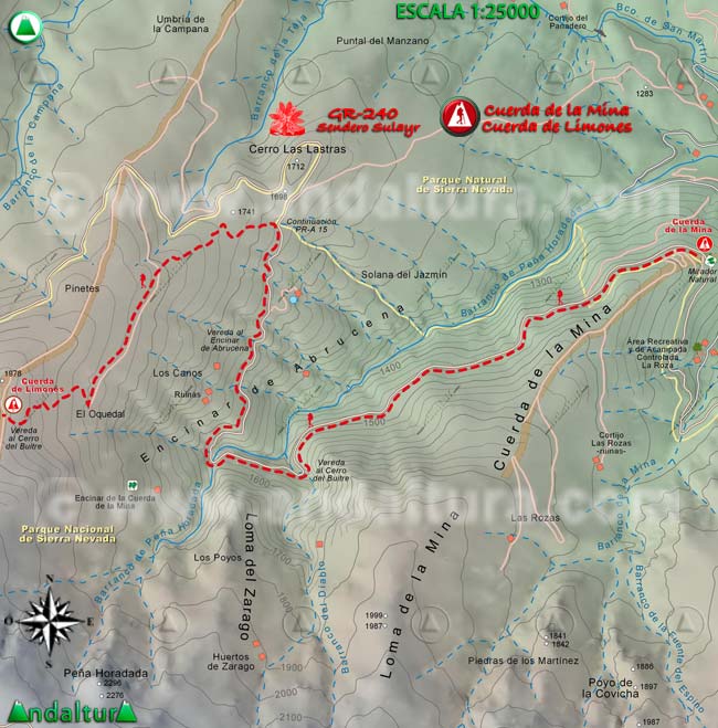 Mapa Topográfico y georefenciado de la Ruta de Senderismo del Gran Recorrido GR 240 Sendero Sulayr por Sierra Nevada, a escala 1:25000 del Tramo Cuerda de la Mina - Cuerda de Limones