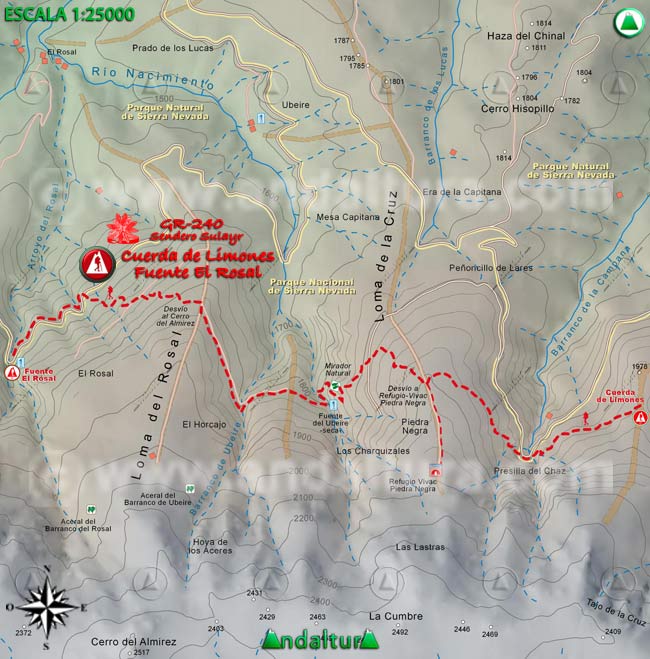 Mapa Topográfico y georefenciado de la Ruta de Senderismo del Gran Recorrido GR 240 Sendero Sulayr por Sierra Nevada, a escala 1:25000 del Tramo Cuerda de Limones - Fuente El Rosal