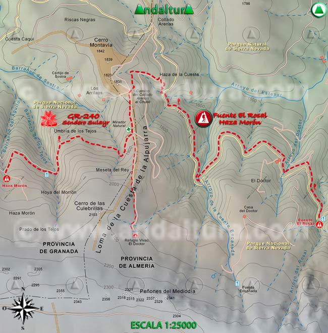 Mapa Topográfico y georefenciado de la Ruta de Senderismo del Gran Recorrido GR 240 Sendero Sulayr por Sierra Nevada, a escala 1:25000 del Tramo Fuente El Rosal - Haza Morón
