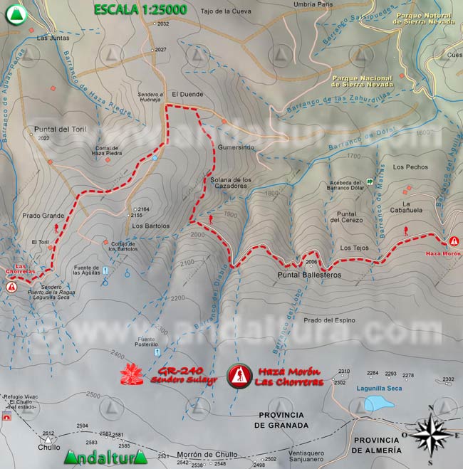 Mapa Topográfico y georefenciado de la Ruta de Senderismo del Gran Recorrido GR 240 Sendero Sulayr por Sierra Nevada, a escala 1:25000 del Tramo Haza Morón - Las Chorreras