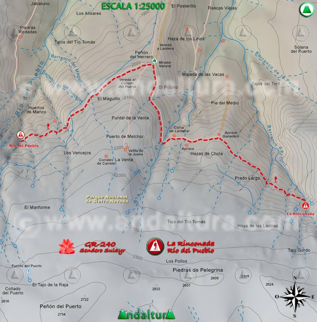 Mapa Topográfico y georefenciado de la Ruta de Senderismo del Gran Recorrido GR 240 Sendero Sulayr por Sierra Nevada, a escala 1:25000 del Tramo La Rinconada - Río del Pueblo