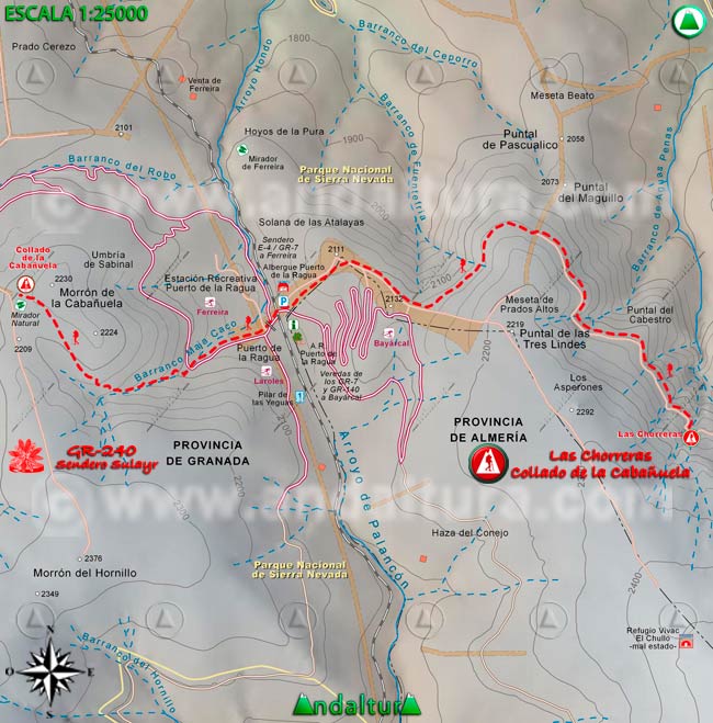 Mapa Topográfico y georefenciado de la Ruta de Senderismo del Gran Recorrido GR 240 Sendero Sulayr por Sierra Nevada, a escala 1:25000 del Tramo Las Chorreras - Collado de la Cabañuela