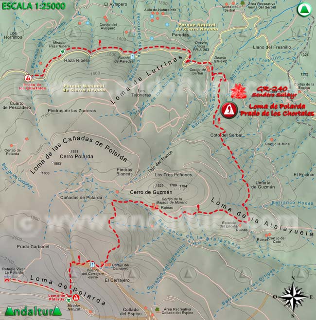 Mapa Topográfico y georefenciado de la Ruta de Senderismo del Gran Recorrido GR 240 Sendero Sulayr por Sierra Nevada, a escala 1:25000 del Tramo Loma de Polarda - Prado de los Chortales
