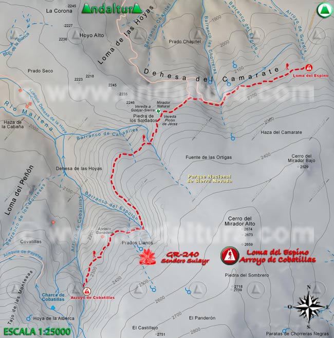 Mapa Topográfico y georefenciado de la Ruta de Senderismo del Gran Recorrido GR 240 Sendero Sulayr por Sierra Nevada, a escala 1:25000 del Tramo Loma del Espino - Arroyo de Cobatillas