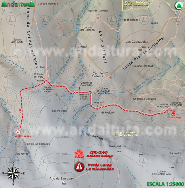Mapa Topográfico y georefenciado de la Ruta de Senderismo del Gran Recorrido GR 240 Sendero Sulayr por Sierra Nevada, a escala 1:25000 del Tramo Prado Largo - La Rinconada