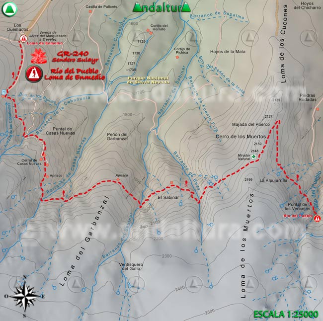 Mapa Topográfico y georefenciado de la Ruta de Senderismo del Gran Recorrido GR 240 Sendero Sulayr por Sierra Nevada, a escala 1:25000 del Tramo Río del Pueblo -Loma de Enmedio