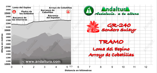 Perfil de la Ruta de Senderismo del Gran Recorrido GR 240 Sendero Sulyar del Tramo Loma del Espino - Arroyo de Cobatillas en Sierra Nevada