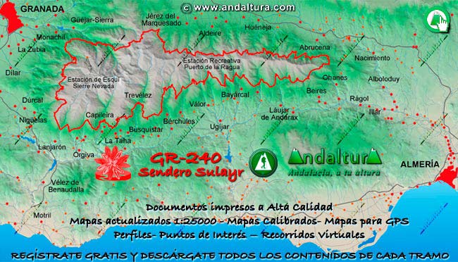 Mapa del Gran Recorrido Sendero Sulayr GR 240 en las provincias de Granada y Almería