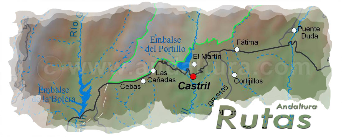 Cabecera de los accesos a Castril sobre un Mapa de situación de Castril y sus pedanías