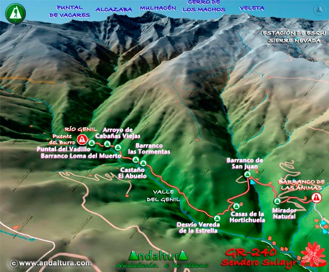 Plano con el Mapa en 3D del Gran Recorrido GR 240 Sendero Sulayr por Sierra Nevada del Tramo Río Genil - Barranco de las Ánimas