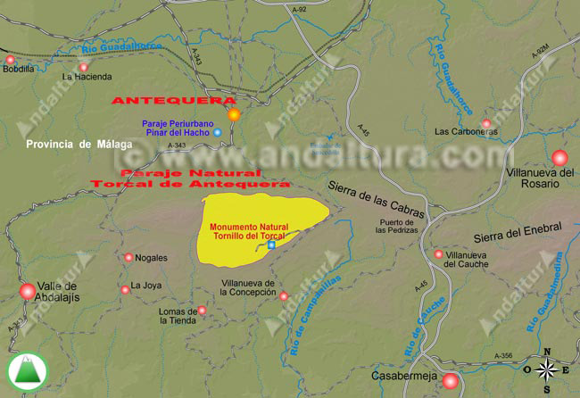 Mapa de accesos a Antequera y a los Espacios Naturales del Pinar del Hacho y del Torcal de Antequera