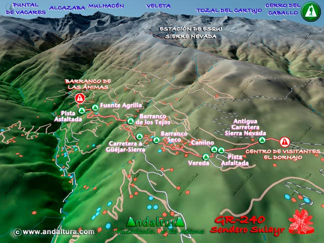 Plano con el Mapa en 3D del Gran Recorrido GR 240 Sendero Sulayr por Sierra Nevada del Tramo Barranco de las Ánimas - Centro de Visitantes El Dornajo