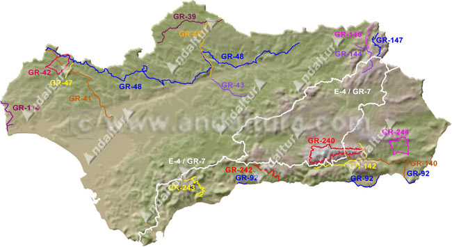 Mapa de Andalucía con los Grandes Recorridos GR por Andalucía