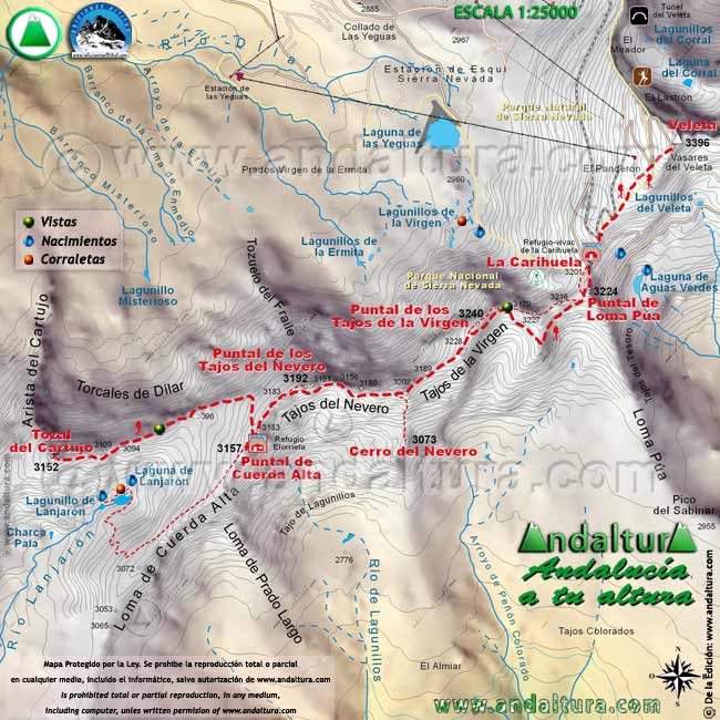 Mapa Topográfico y georeferenciado para ordenadores, móviles y GPS ampliado de la Ruta de Senderismo de la Integral de Sierra Nevada desde el Tozal del Cartujo a La Carihuela por la Arista, escala 1:25000 de Andaltura