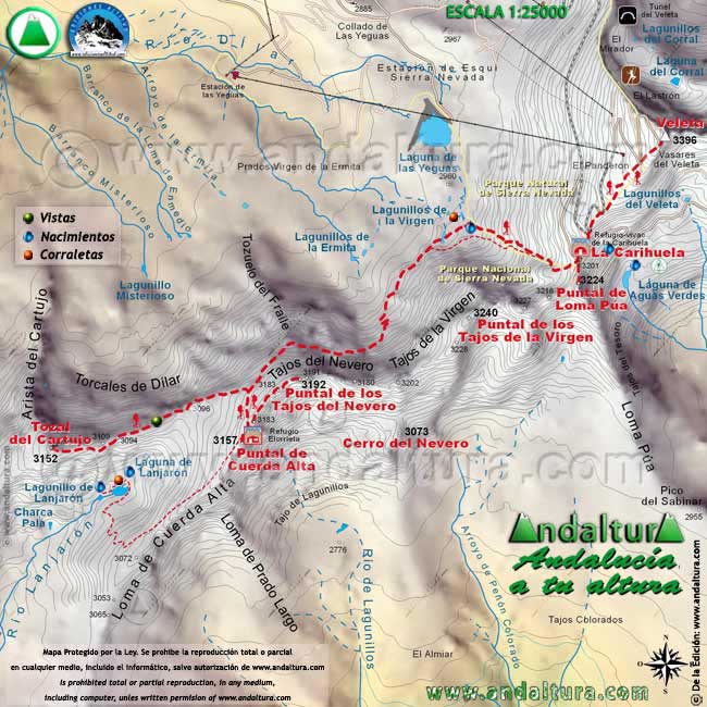 Mapa Topográfico y georeferenciado para ordenadores, móviles y GPS ampliado de la Ruta de Senderismo de la Integral de Sierra Nevada desde el Tozal del Cartujo a La Carihuela por los Lagunillos de la Virgen, escala 1:25000 de Andaltura