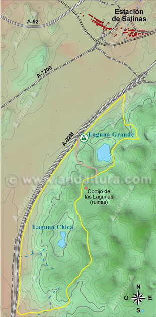 Mapa de las Lagunas de Archidona y su situación en la Estación de Salinas