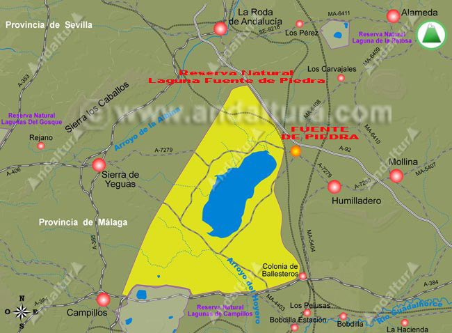 Mapa de Fuente de Piedra y Situación de la Reserva Natural Laguna Fuente de Piedra