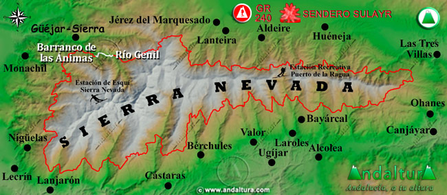 Mapa de Sierra Nevada con la situación del Tramo Río Genil - Barranco de las Ánimas del Gran Recorrido GR 240 Sendero Sulayr