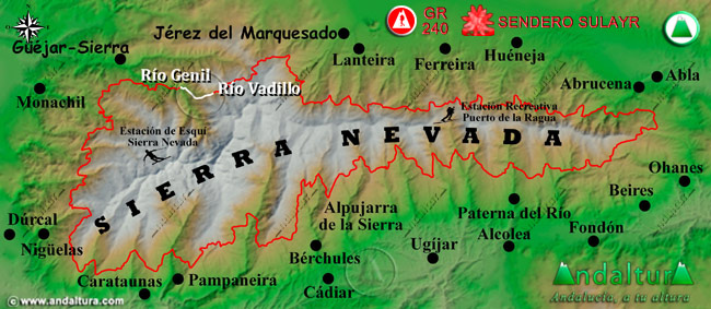 Mapa de Sierra Nevada con la situación del Tramo Río Vadillo - Río Genil del Gran Recorrido GR 240 Sendero Sulayr