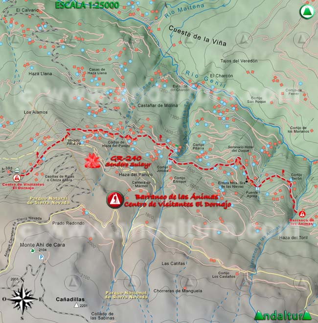 Mapa Topográfico y georefenciado de la Ruta de Senderismo del Gran Recorrido GR 240 Sendero Sulayr por Sierra Nevada, a escala 1:25000 del Tramo Barranco de las Ánimas - Centro de Visitantes El Dornajo