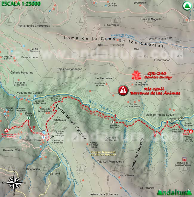 Mapa Topográfico y georefenciado de la Ruta de Senderismo del Gran Recorrido GR 240 Sendero Sulayr por Sierra Nevada, a escala 1:25000 del Tramo Río Genil - Barranco de las Ánimas