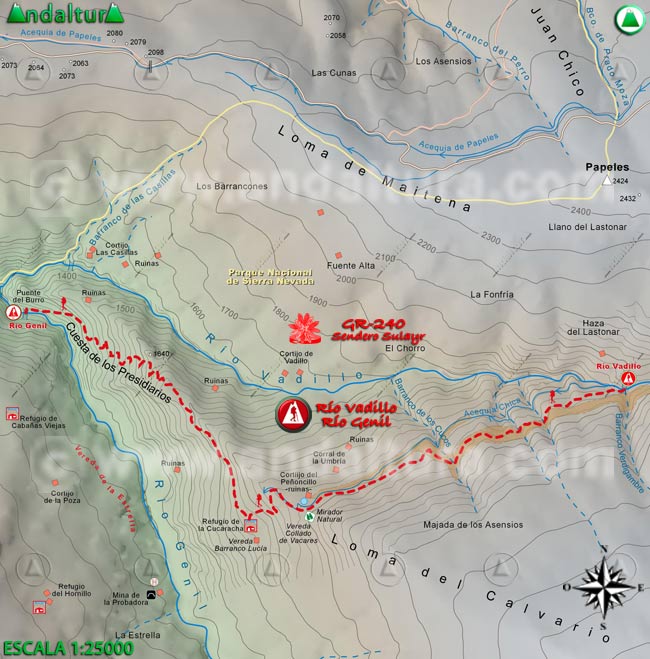 Mapa Topográfico y georefenciado de la Ruta de Senderismo del Gran Recorrido GR 240 Sendero Sulayr por Sierra Nevada, a escala 1:25000 del Tramo Río Vadillo - Río Genil