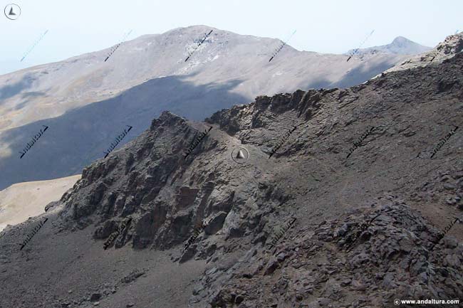 Vereda por la Antecima de Loma Pela hacia la arista y los Tajos de la Virgen, al fondo el Pico del Tajo de los Machos y el Cerro del Caballo