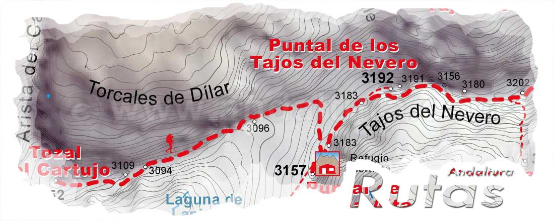 Cabecera con el Mapa Topográfico de la Ruta de Senderismo de la Integral de Sierra Nevada con el Tramo del Tozal del Cartujo a La Carihuela por la Arista