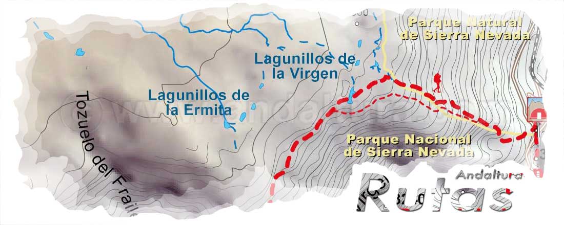 Cabecera con el Mapa Topográfico de la Ruta de Senderismo de la Integral de Sierra Nevada con el Tramo del Tozal del Cartujo a La Carihuela por los Lagunillos de la Virgen