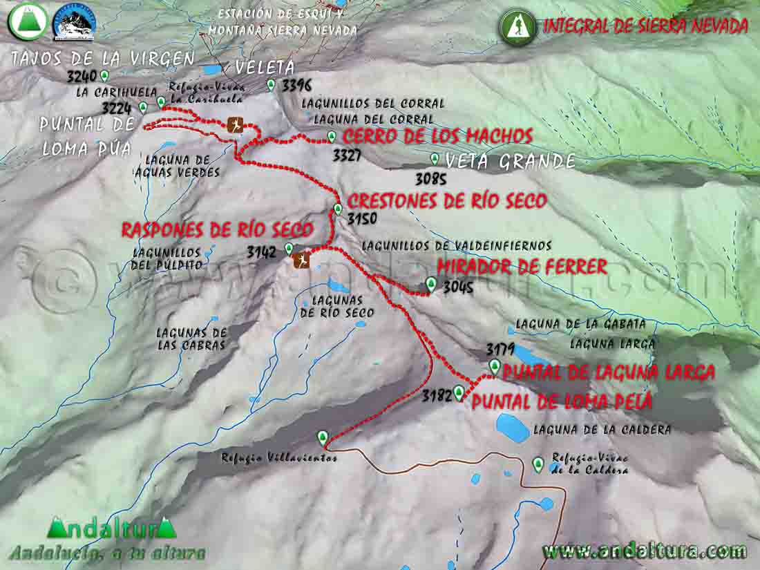 Plano de Sierra Nevada con un Mapa de una Imagen Virtual en 3D del tramo de la Integral de Sierra Nevada desde la Carihuela a Loma Pelá