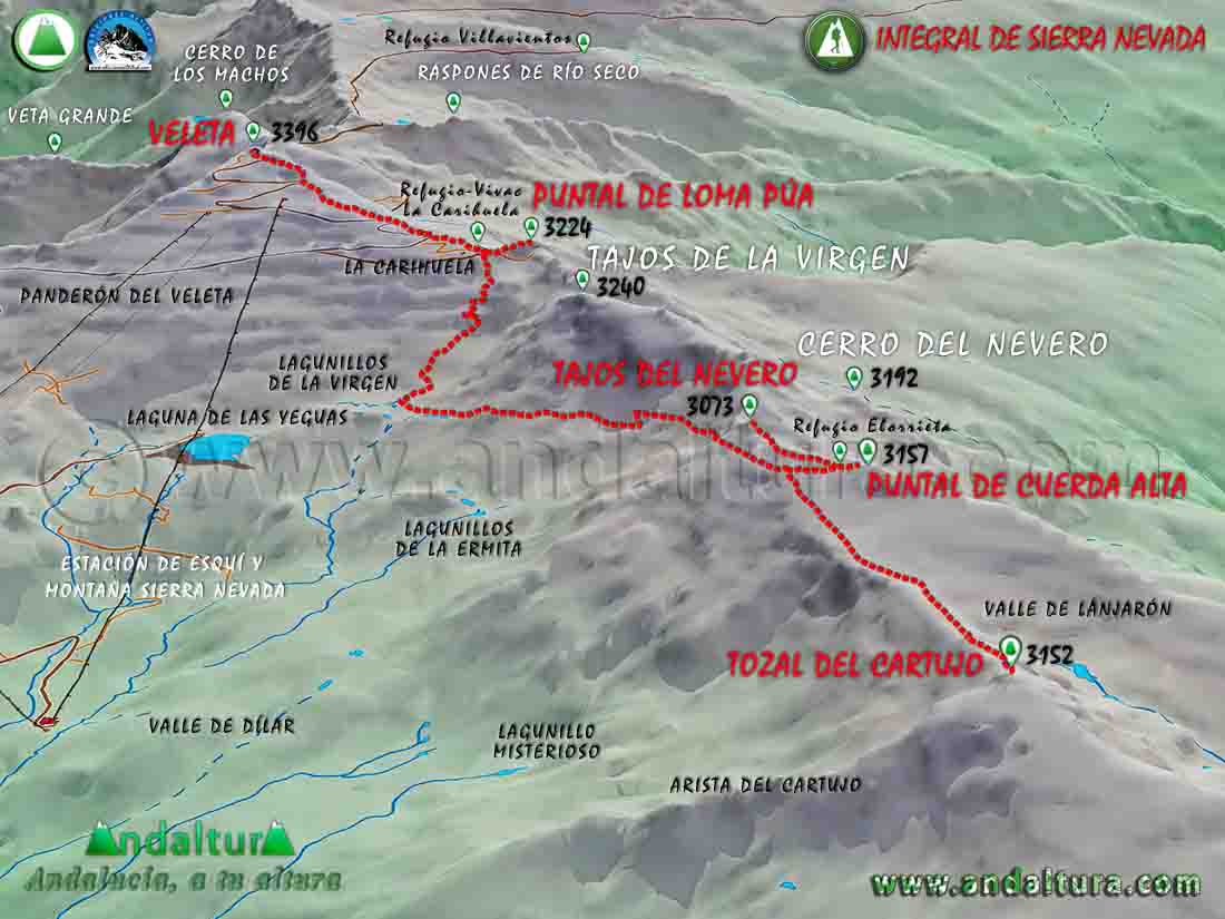 Plano con el Mapa de una Imagen virtual en 3d de la Ruta de Senderismo de la Integral de Sierra Nevada desde el Tozal del Cartujo a La Carihuela por los Lagunillos de la Virgen