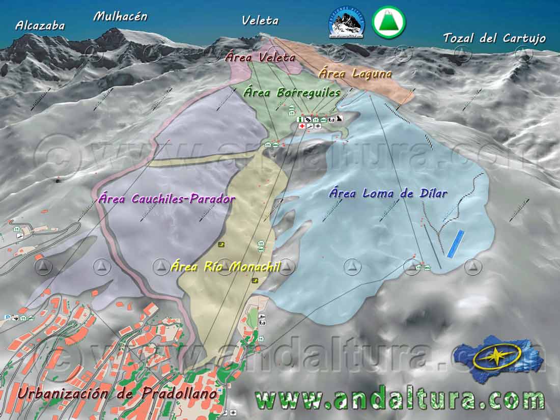 Mapa de las Zonas y Áreas Esquiables de la Estación de Esquí Sierra Nevada