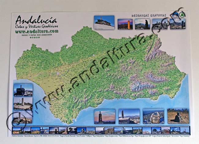 Cartel del PDF del Mapa de Andalucía, para imprimir a Gran Formato, de las Cotas y Vértices Geodésicos para planificar Rutas de Senderismo por Andalucía