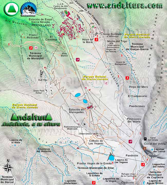 Mapa del Áreas Esquiable de la Estación de Esquí Sierra Nevada en el Espacio Natural Sierra Nevada