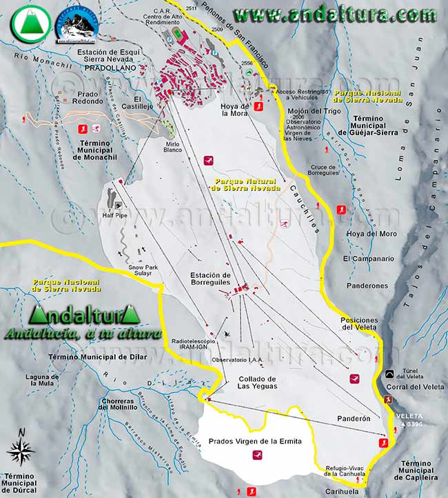 Mapa de la zona de esquí dentro del Parque Nacional de Sierra Nevada en el Área de la Laguna de las Yeguas