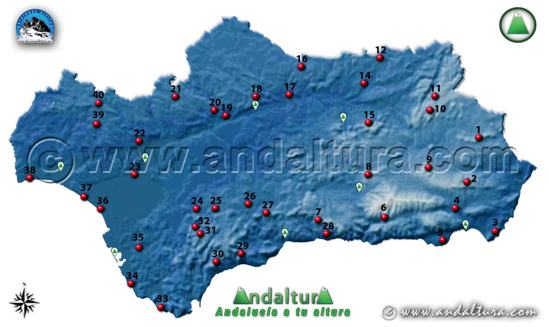 Mapa de Andalucía con las Mejores Rutas de Senderismo en Invierno por Andalucía