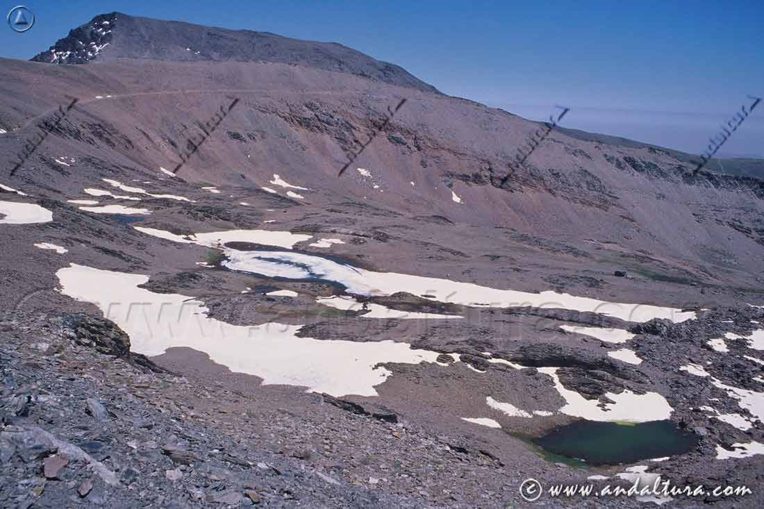 Laminas de Agua en la Cuenca Glaciar de Río Seco. al fondo el Mulhacén