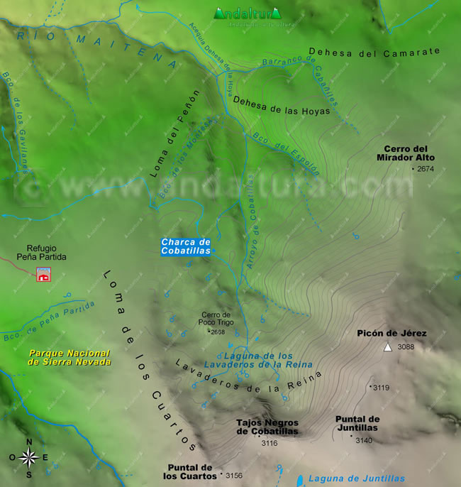 Mapa de Sierra Nevada y de la situación de la Charca de Cobatillas en el Valle del Arroyo de Cobatillas