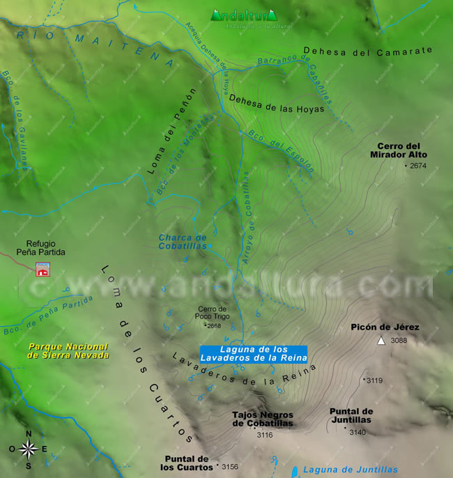 Mapa de Sierra Nevada y de la situación de la Laguna de los Lavaderos de la Reina en el Valle del Arroyo de Cobatillas