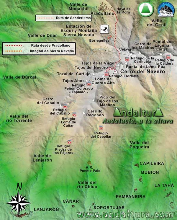 Mapa de Sierra Nevada con la ruta de Senderismo desde la Hoya de la Mora, en la Estación de Esquí Sierra Nevada al Cerro del Nevero por la Laguna de las Yeguas y los Lagunillos de la Virgen