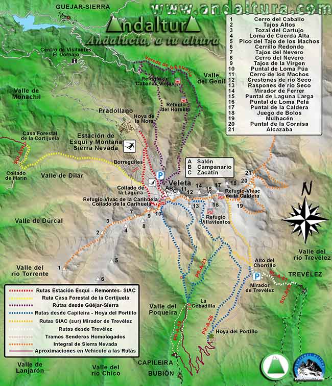 Mapa de Sierra Nevada con las principales Rutas de Senderismo para ascender al Veleta - Tresmil Central de Sierra Nevada