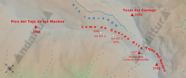 Mapa de Sierra Nevada con la situación del Tresmil de la Loma de Cuerda Alta, con su Puntal y sus dos antecimas superiores a Tresmil metros